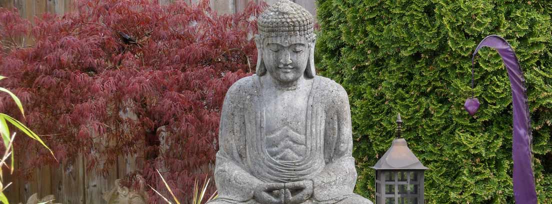 Estatua de buda de piedra en zona de jardín zen