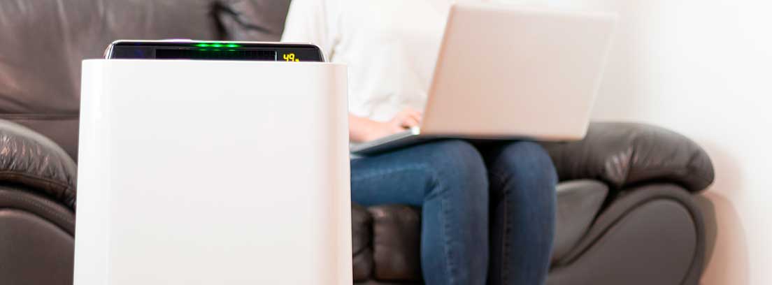 Una mujer descalza está sentada en un sofá marrón utiliza su ordenador. Delante de ella un climatizador portátil.