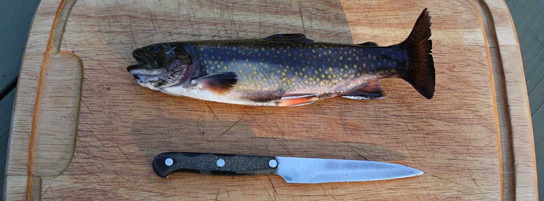 Tabla de madera con pez inerte y cuchillo