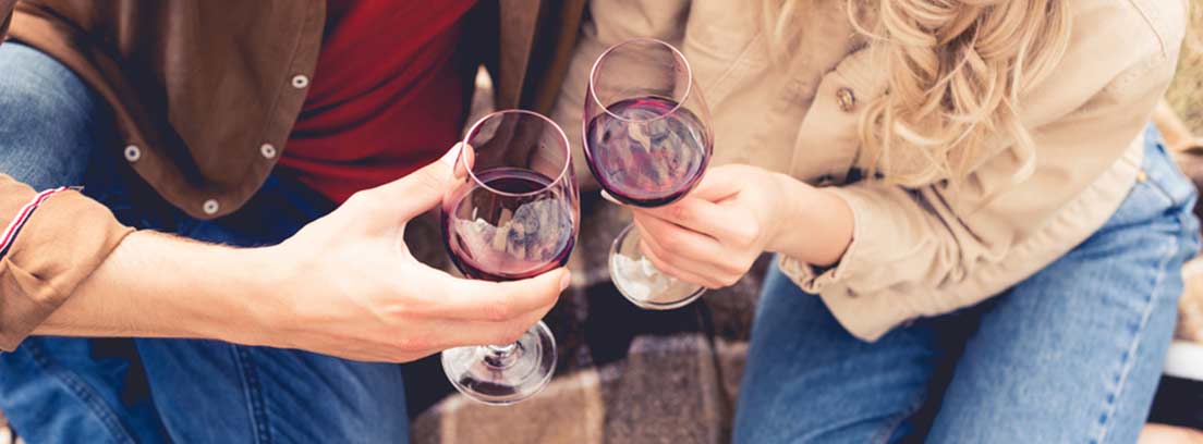 Hombre y mujer brindando con unas copas de vino
