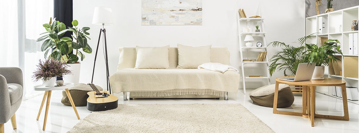 Sala de estar en tonos blancos con sofá