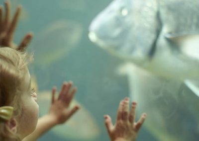 Niña y su madre apoyan sus manos sobre un acuario