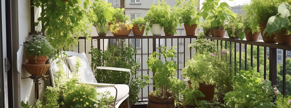 Decoración del balcón con mobiliario y plantas