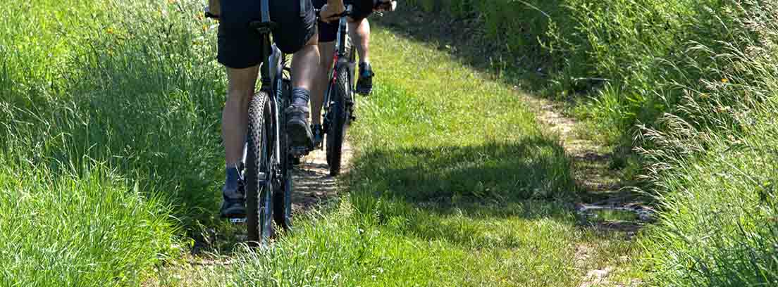 Dos personas en bici con mochilas y cascos entre hierva y matorrales verdes.