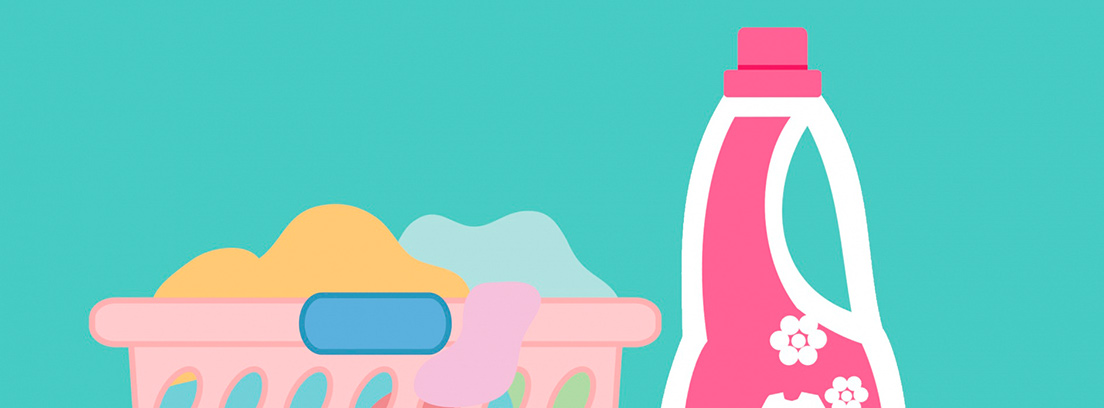 Ilustración de un cesto con ropa y un bote de detergente